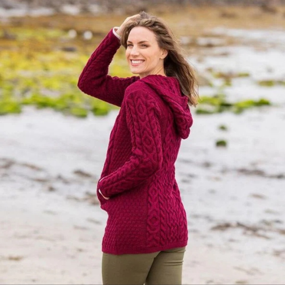 Aran Crafts Merino Wool Hooded Zip Cardigan
